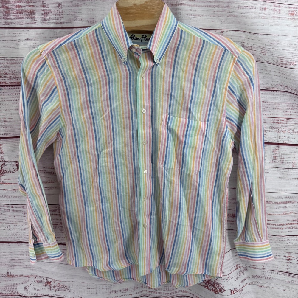 Alan Flusser Shirt Medium Linen Button Down Rainbow Pastel Stripe Long Sleeve